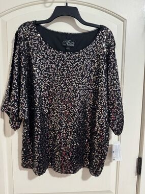 Alex Evenings Black Sequin Top with Rose Gold Accents